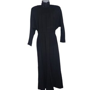 Vintage 80s Nancy Johnson Dress 8 Midi Size Lace Cut Out Pleats Open Back Black